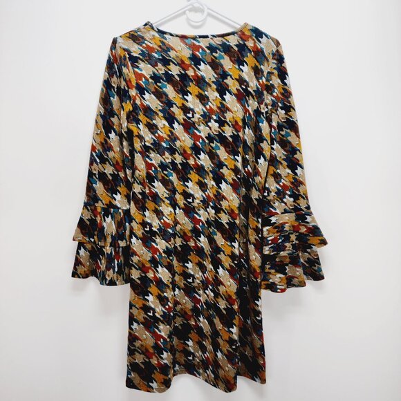 Tacera Womens Houndstooth tuning Dress With Bell Sleeves Multicolor Size S - Picture 11 of 12